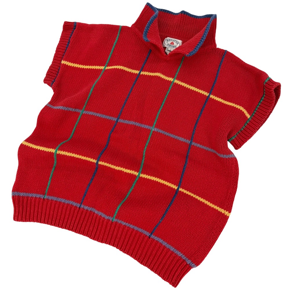 Regatta Sport Red Plaid Sweater‎ Vest Large Retro Mock Neck Cotton Ramie Knit